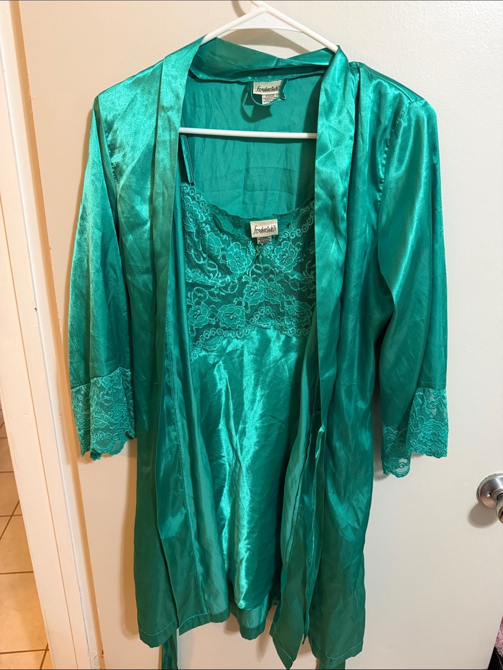 Frederick's of Hollywood Teal Satin Lace Trim Robe & Slip Set